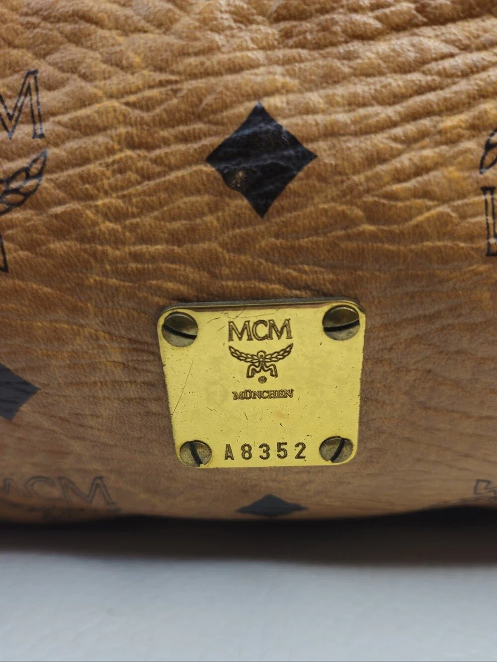 Authentic MCM Monogram Cognac Klassik Visetos Crossbody Barrel Bag